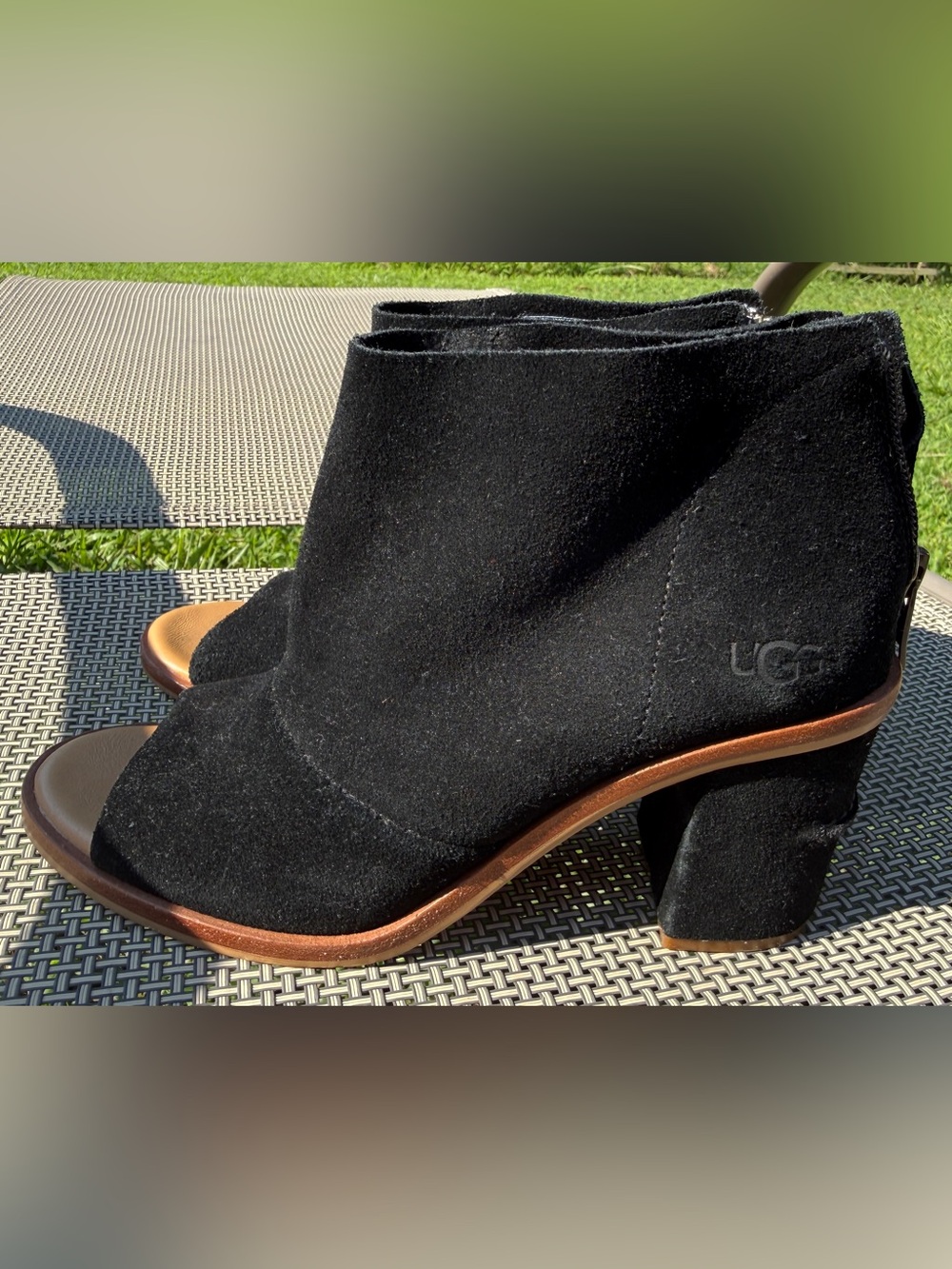 UGG Black Suede Open-Toe Heeled Ankle Boots